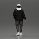 Stylish urban man walking in black jacket white hoodie cap and sneakers - Only-Games