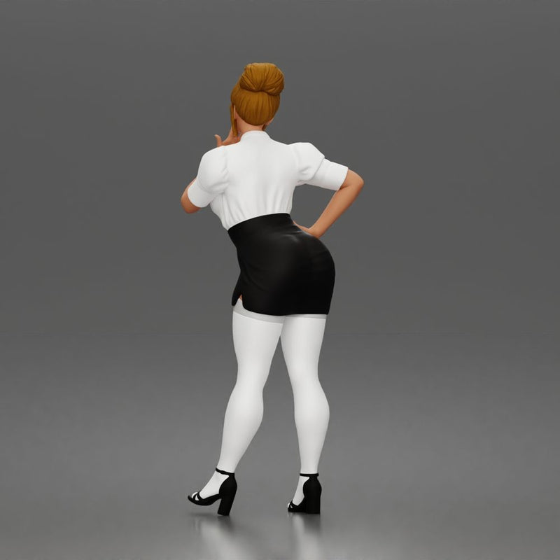 Secretary blows kiss wearing buttoned blouse pencil skirt stockings heels - Only-Games
