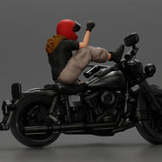Biker woman in red helmet striking pose on black motorcycle - Only-Games
