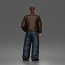 Standing In Leather Jacket Button Shirt Loose Trousers And Shoes
