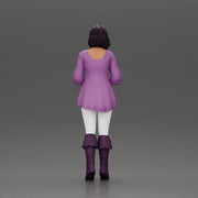 Confident woman in purple top and boots with white leggings - Only-Games