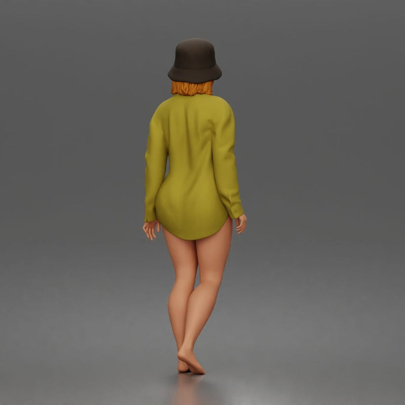 Standing woman In Oversized Button-Shirt With Bucket Hat Barefoot