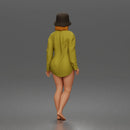 Standing woman In Oversized Button-Shirt With Bucket Hat Barefoot
