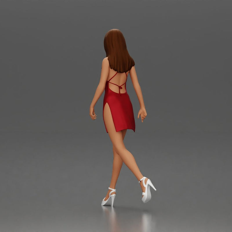 Woman in Red Dress and Heels Walking with Confident Stride - Only-Games