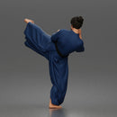 Man Performing Martial Arts High Kick Pose Gi Uniform Belt Barefoot Outfit