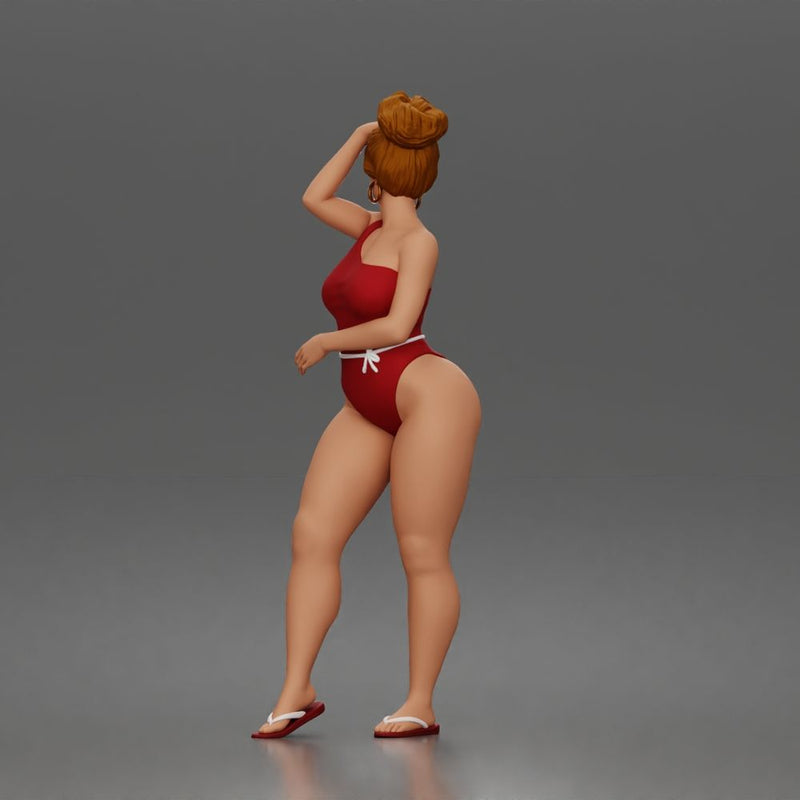 Standing woman shields eyes wearing swimsuit sunglasses earrings flip flops