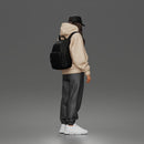 Chill Hooded Cap Walker Posing with Backpack Pants and Sneakers