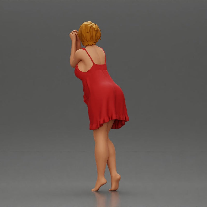 Barefoot woman in red nighty dress strikes a graceful elegant pose - Only-Games