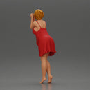 Barefoot woman in red nighty dress strikes a graceful elegant pose - Only-Games