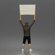 Casual protester holding blank banner wearing hoodie shorts and sneakers - Only-Games