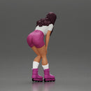 woman skating forward in pink shorts white top and purple skates - Only-Games