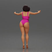 Woman with short black hair wearing pink swimsuit raising arms - Only-Games