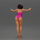 Woman with short black hair wearing pink swimsuit raising arms - Only-Games