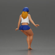 Stylish woman sitting casually in a white top and blue skirt - Only-Games