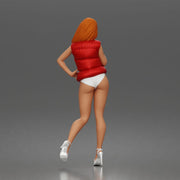 Woman poses flirtatiously wearing puffer vest bikini bottoms heeled sandals - Only-Games