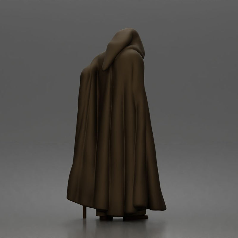 Wandering sage leans on staff wearing hooded cloak and robe - Only-Games