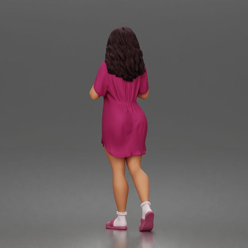 Pet lover woman cuddles tiny pup wearing comfy nightshirt socks slippers - Only-Games
