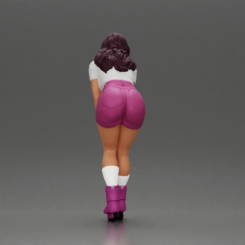 woman skating forward in pink shorts white top and purple skates - Only-Games