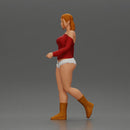woman walking with purpose wearing red top white shorts brown boots - Only-Games
