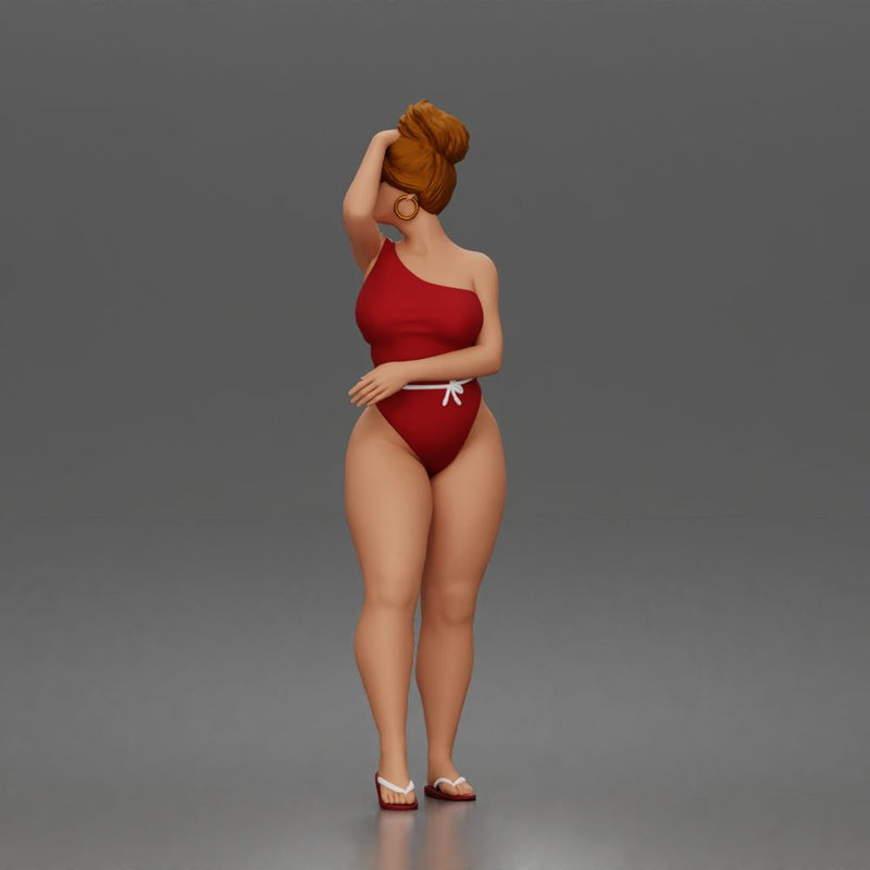 Standing woman shields eyes wearing swimsuit sunglasses earrings flip flops