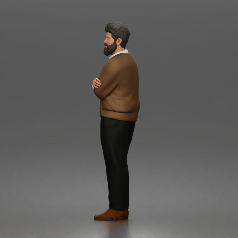 Man Standing Calmly in Casual Cardigan and Dress Pants