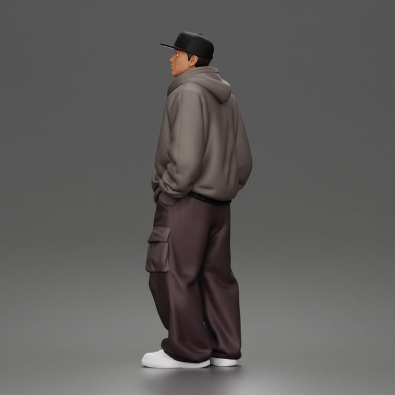 Relaxed Hooded Cap Poser Standing in Cargo Pants and Sneakers