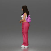 Woman strolls wearing crop top cargo pants bunny backpack sneakers - Only-Games