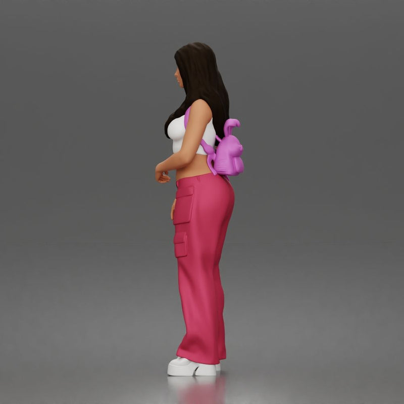 Woman strolls wearing crop top cargo pants bunny backpack sneakers - Only-Games