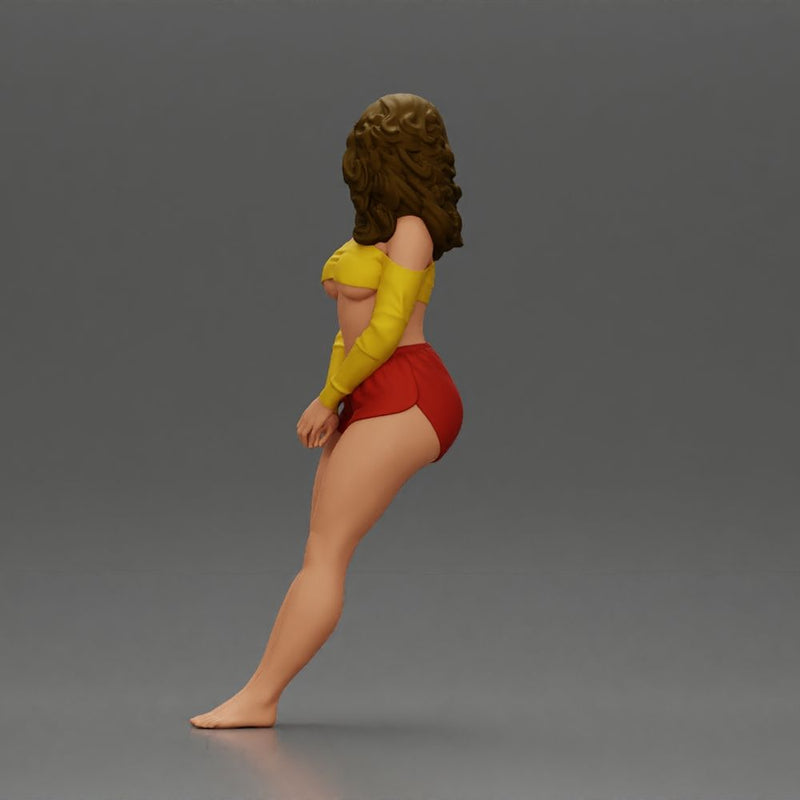 Woman in yellow top and red shorts leaning to wall - Only-Games