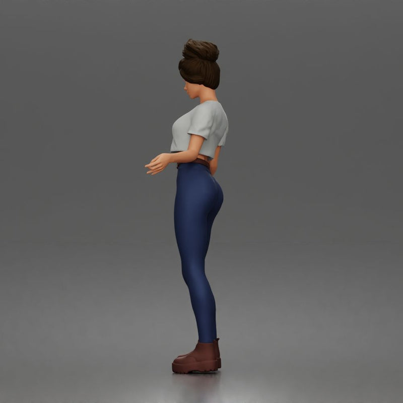 Casual young woman character standing pose in t-shirt jeans boots outfit - Only-Games
