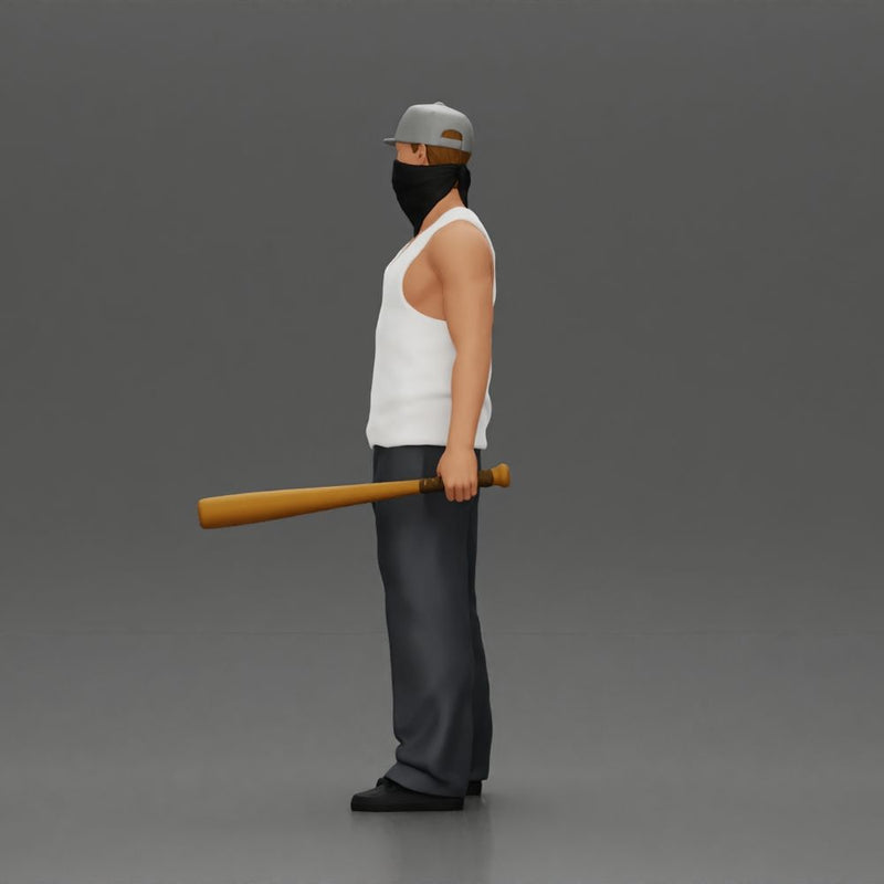 Gangster Man in streetwear posing with a bat and face mask - Only-Games