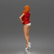 Woman poses flirtatiously wearing puffer vest bikini bottoms heeled sandals - Only-Games