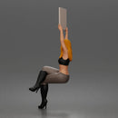 Woman Holding Blank Sign Overhead Seated Pose Crop Top Leggings Thigh High Boots
