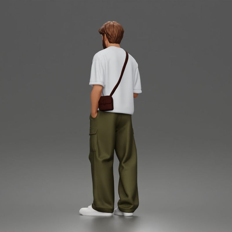 Casual Coffee Drinker Posing with Shoulder Bag Cargo Pants Sneakers