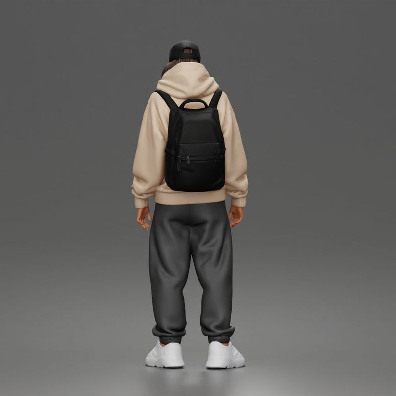 Chill Hooded Cap Walker Posing with Backpack Pants and Sneakers