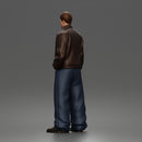 Standing In Leather Jacket Button Shirt Loose Trousers And Shoes