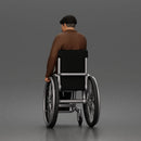 old man sitting calmly in a wheelchair, wearing a coat and a casual outfit