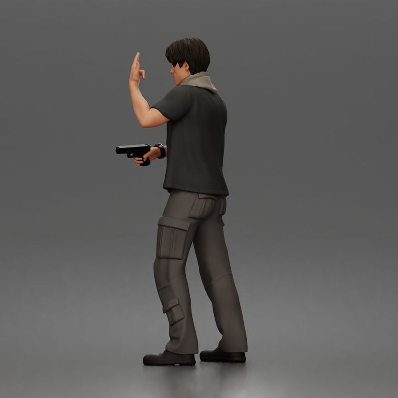 Man Standing With Handgun And Peace Sign In T-Shirt Scarf Cargo Pants And Boots