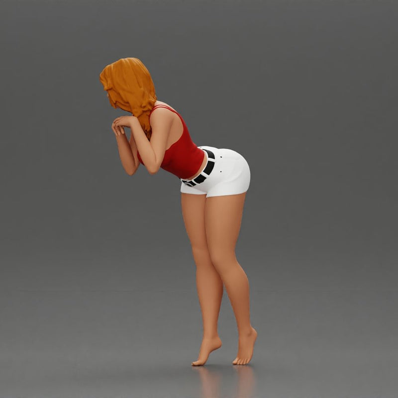 Confident Girl in Red Top and White Shorts, Posing Playfully - Only-Games