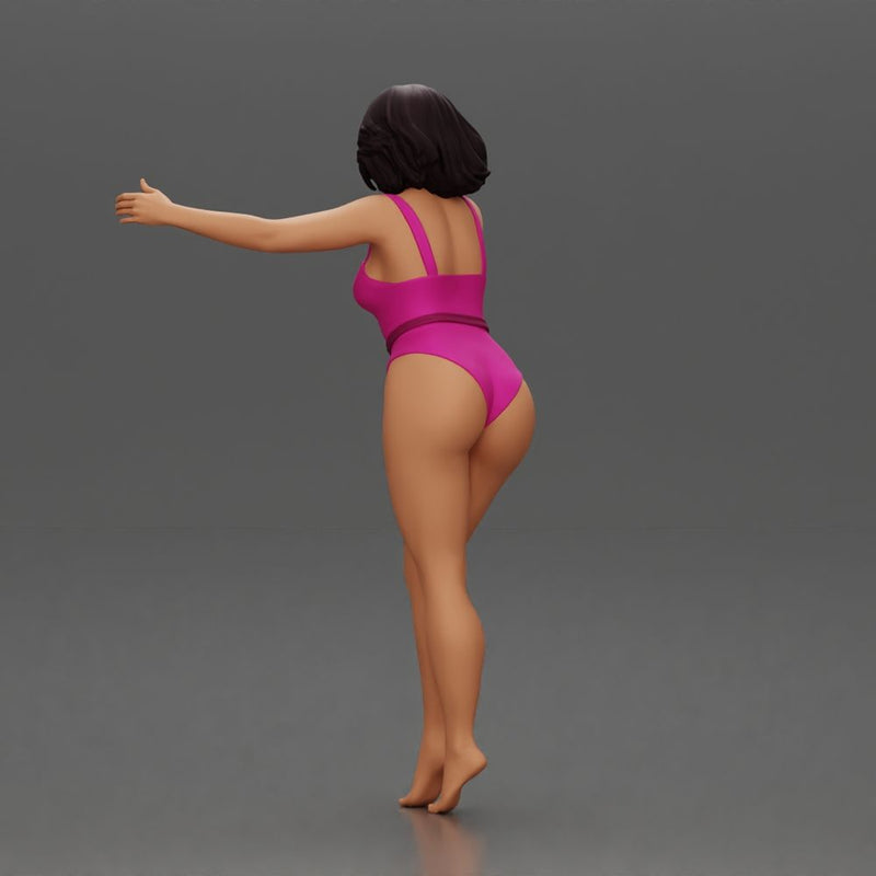 Woman with short black hair wearing pink swimsuit raising arms - Only-Games