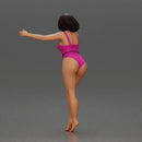 Woman with short black hair wearing pink swimsuit raising arms - Only-Games