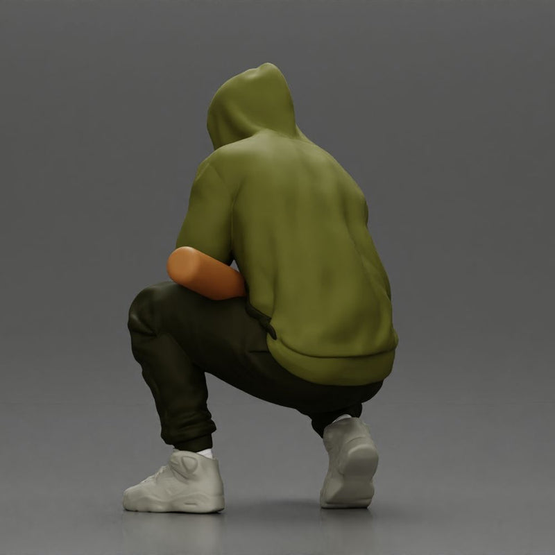 Gangster crouching low in green hoodie holding bat planning move - Only-Games