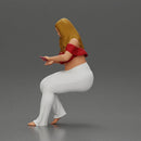 Blonde woman in red top white pants sitting applies hand cream - Only-Games