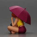 Girl with orange hair holding umbrella sitting in thoughtful pose - Only-Games
