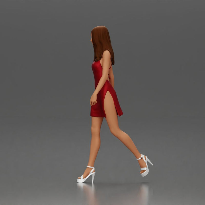 Woman in Red Dress and Heels Walking with Confident Stride - Only-Games