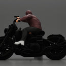 Hooded gangster man sits on motorcycle aiming a pistol with determination - Only-Games