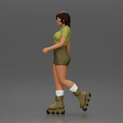 Woman in green outfit gliding smoothly on olive roller skates - Only-Games