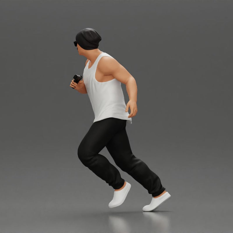 Gangster Man in Beanie Sunglasses Tank Pants Sneakers Running with Gun - Only-Games