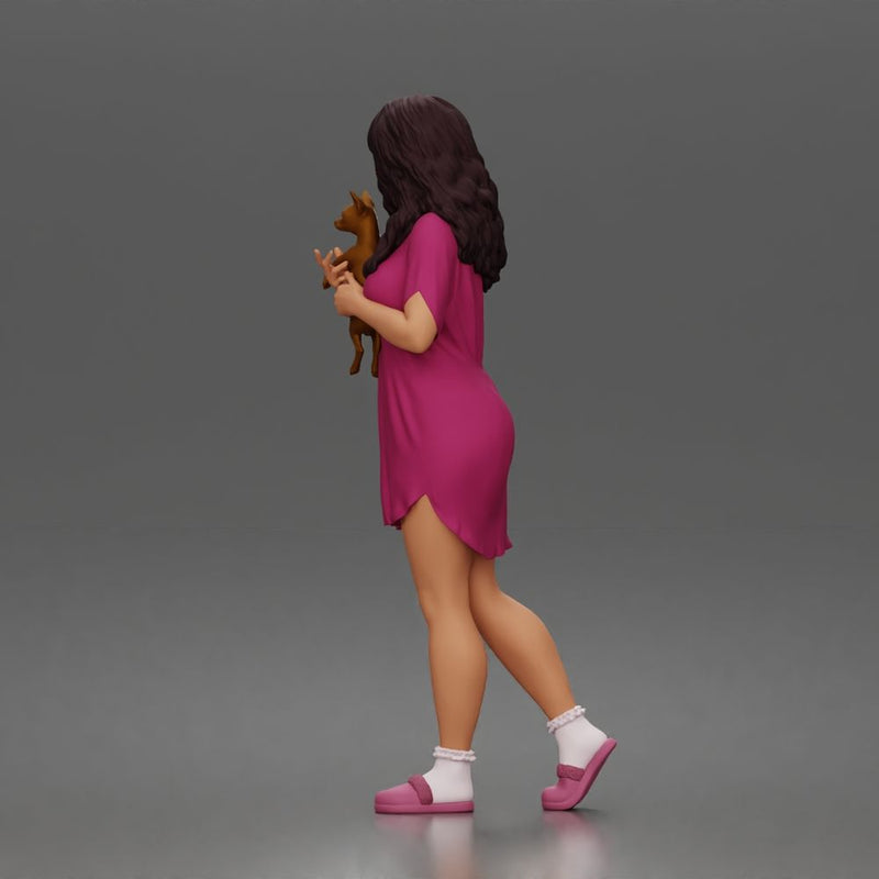 Pet lover woman cuddles tiny pup wearing comfy nightshirt socks slippers - Only-Games