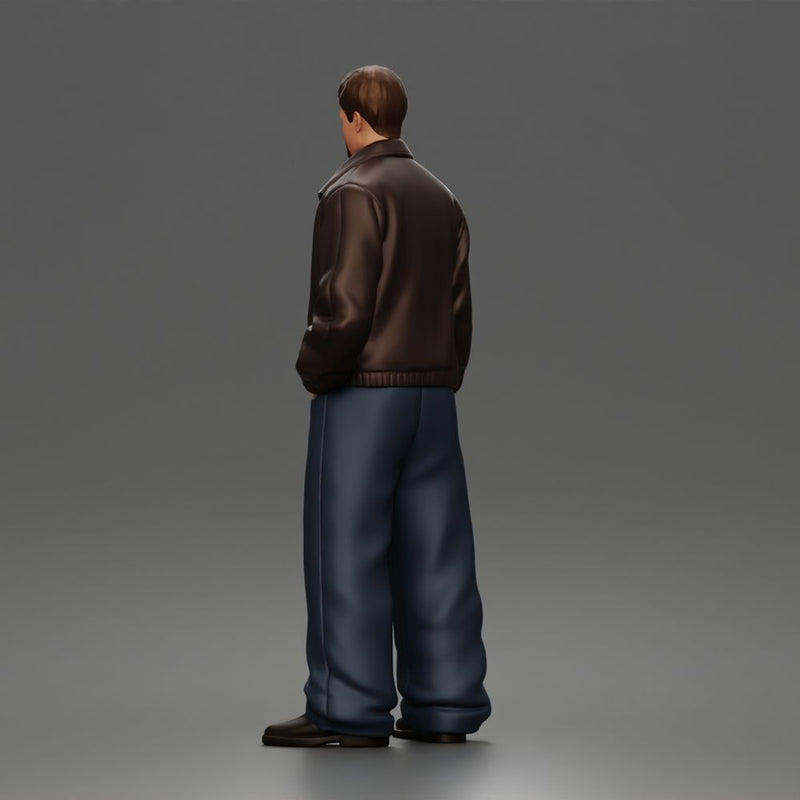 Standing In Leather Jacket Button Shirt Loose Trousers And Shoes